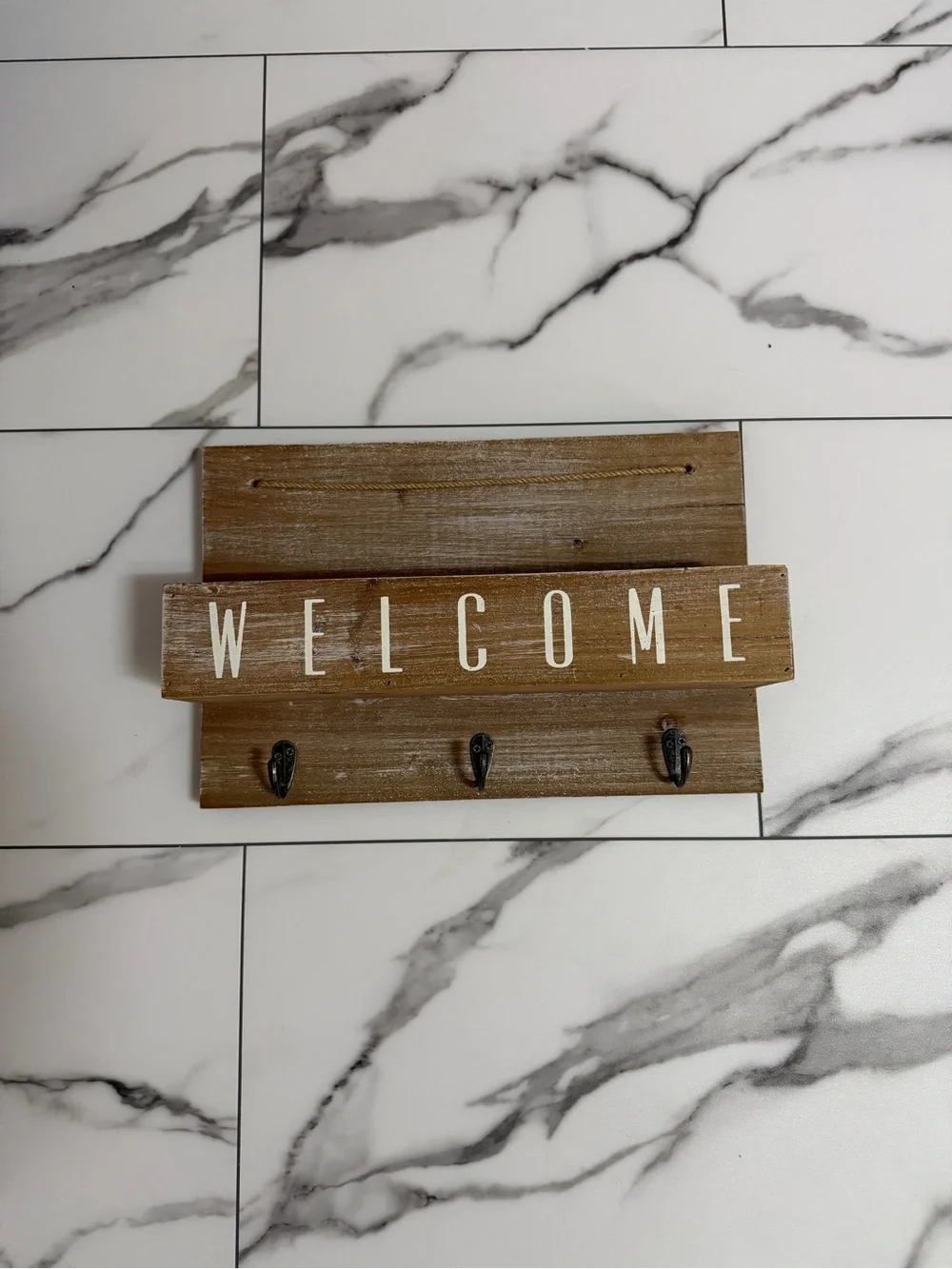 Brown Wooden Welcome Wall Hook Rack with White Lettering